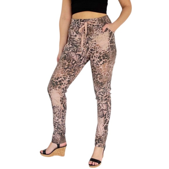 None Pants - Blush pink Italian made leopard snake print casual tapered ankle pants L/XL